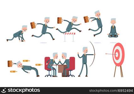 sports achievements, ready at the start, run, jump over obstacles, meditation, dodges, competes. elderly businessman. cartoon character set