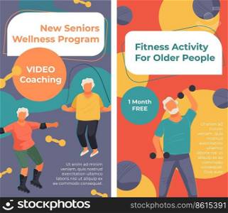 Sports activities for elder people, new seniors wellness program online. Video coaching and tips for staying healthy and sound. Advertisement and marketing banner or poster. Vector in flat style. Seniors wellness program video coaching online