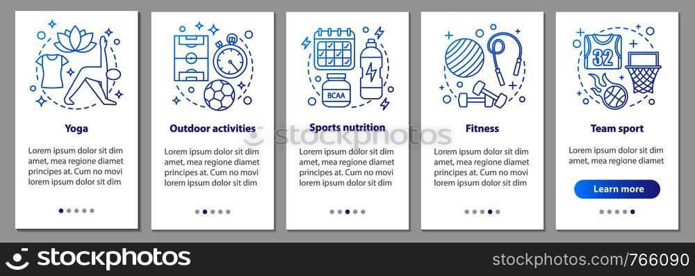 Sports activities onboarding mobile app page screen with linear concepts. Fitness, yoga, powerlifting, team sport, outdoor activities steps graphic instructions. UX, UI, GUI vector illustrations. Sports activities onboarding mobile app page screen with linear