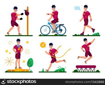 Sports and Fitness Training Types, Outdoor Workout, Healthy Lifestyle Activities Trendy Flat Vector Set. Male Athlete, Sportsman Boxing, Riding Bike, Rolling-Skating, Winning Competition Illustration