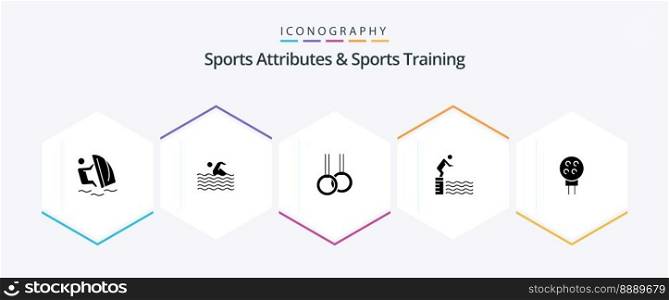 Sports Atributes And Sports Training 25 Glyph icon pack including sport. platform. swimming. jump. rings