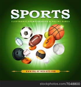 Sports Background. Illustration of a sports banner with classic popular balls and bowls equipment, for football, soccer, rugby, tennis, and other on green flashy background