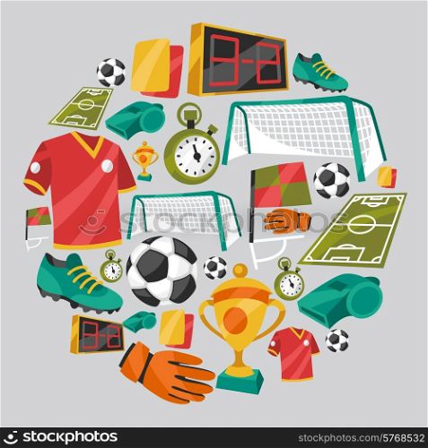 Sports background with soccer football symbols in cartoon style.