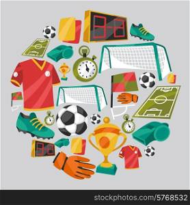 Sports background with soccer football symbols in cartoon style.