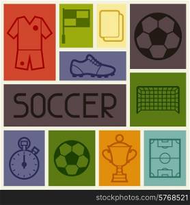 Sports background with soccer football symbols in flat style.