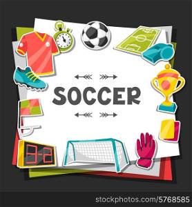 Sports background with soccer sticker symbols in cartoon style.