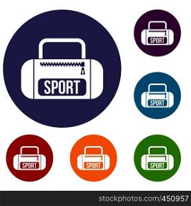 Sports bag icons set in flat circle reb, blue and green color for web. Sports bag icons set