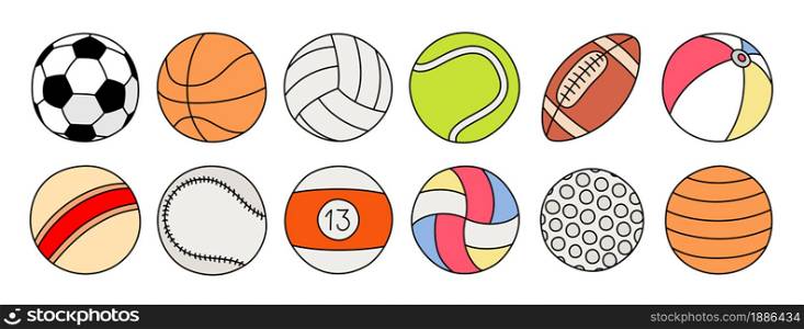 Sports ball sketch set. Color icon. Vector freehand illustration. Football, basketball, volleyball, baseball, rugby, billiards, tennis, golf, children&rsquo;s, beach, fitness equipment