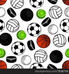 Sports balls and hockey pucks seamless pattern with colorful background of soccer or football, volleyball and tennis, basketball and golf, bowling and ice hockey pucks. Great for sport club interior, wallpaper or accessories design. Sports balls and hockey pucks pattern