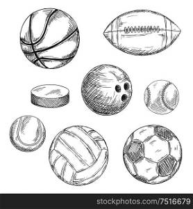 Sports balls and ice hockey puck sketches with american football and soccer, ice hockey and basketball, baseball and volleyball, bowling and tennis balls. Sport team or competition design usage. Sport balls and ice hockey puck sketches