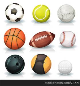Sports Balls Set. Illustration of a set of classic popular sports balls and bowls equipment, for football, soccer, rugby, tennis, volleyball, basketball, baseball, gulf, medicine ball for fitness and bowling