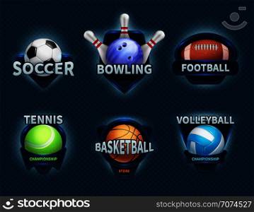 Sports balls vector labels and sport team emblems. Sport ball, championship college and tournament game illustration. Sports balls vector labels and sport team emblems