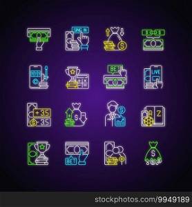 Sports betting neon light icons set. Cashing out option. Financial award. Mobile casino. Odds calculator. In-game betting. Signs with outer glowing effect. Vector isolated RGB color illustrations. Sports betting neon light icons set