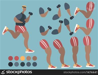 Sports boy construction set. Man dressed in training clothes and holding dumbbell. Set of flat cartoon character details isolated on white background. Vector illustration.