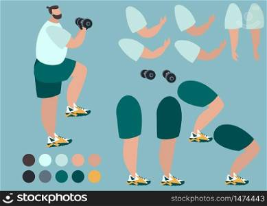 Sports boy construction set. Man dressed in training clothes and holding dumbbell. Set of flat cartoon character details isolated on white background. Vector illustration.