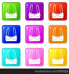 Sports bra icons set 9 color collection isolated on white for any design. Sports bra icons set 9 color collection