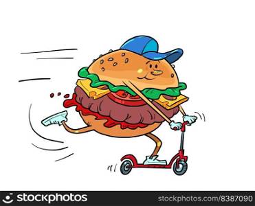 Sports burger character rides a scooter. Active lifestyle. comic cartoon kitsch vintage style hand drawing illustration. Sports burger character rides a scooter. Active lifestyle comic cartoon