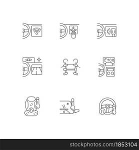Sports car accessories linear icons set. Built-in functions in auto. Innovative vehicle tech features. Customizable thin line contour symbols. Isolated vector outline illustrations. Editable stroke. Sports car accessories linear icons set