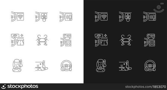 Sports car accessories linear icons set for dark and light mode. Innovative vehicle tech features. Customizable thin line symbols. Isolated vector outline illustrations. Editable stroke. Sports car accessories linear icons set for dark and light mode