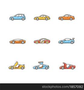 Sports car models RGB color icons set. Non-standard door designs. High-speed driving experience. Performance-oriented vehicles. Isolated vector illustrations. Simple filled line drawings collection. Sports car models RGB color icons set