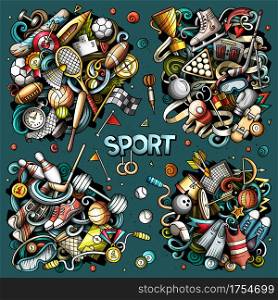 Sports cartoon vector doodle designs set. Colorful detailed compositions with lot of sporting objects and symbols. All items are separate. Sports cartoon vector doodle designs set.