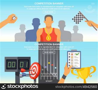 Sports Challenge Horizontal Banners. Sports challenge horizontal banners with leader stopwatch target gold cup medal athletic running list of sportsmen vector illustration