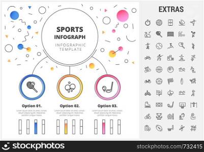 Sports circle infographic template, elements and icons. Infograph includes customizable bar charts, graphs, line icon set with sport equipment, sports field, competitive games, champion pedestal etc.. Sports infographic template, elements and icons.