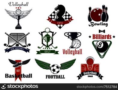 Sports club or team emblems and icons for football, soccer, basketball, ice hockey, bowling, billiards, golf, chess and volleyball game with items