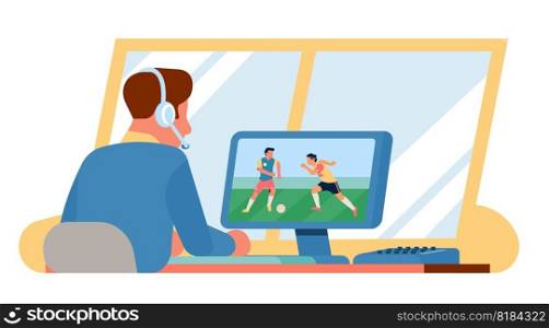 Sports commentator commentating on sporting event. Man sitting at computer. Football ch&ionship. Soccer players. Stadium male annotator speaking comments of game match. Athletic team. Vector concept. Sports commentator commentating on sporting event. Man sitting at computer. Football ch&ionship. Soccer players. Stadium male annotator speaking comments of game match. Vector concept