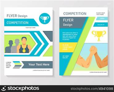 Sports Competition Flyer Template. Sports competition flyer template with winner partnership gold medals and cup vector illustration