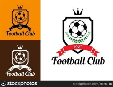 "Sports crests or badges with soccer ball, wreath, crown and ribbon over shield and text "Football Club" at the foot of the image"