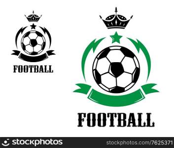 "Sports crests or emblems with soccer ball, crown and ribbon with text "Football" at the foot of the image in different colors isolated over white background"