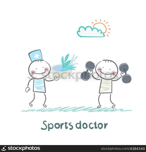 Sports doctor gives a healthy meal to the person who holds the dumbbells