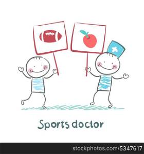 Sports doctor holds a banner with a painted apple and next man holds a poster with a soccer Ball
