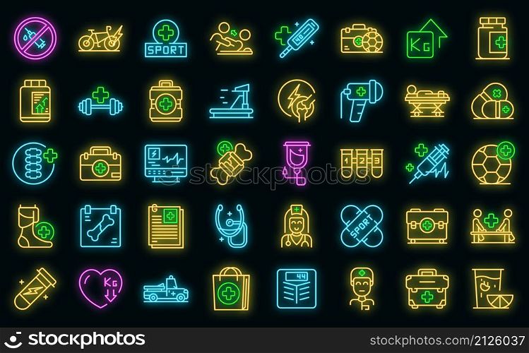 Sports doctor icons set outline vector. Injury therapy. Physical doctor. Sports doctor icons set vector neon
