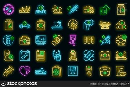 Sports doctor icons set outline vector. Injury therapy. Physical doctor. Sports doctor icons set vector neon