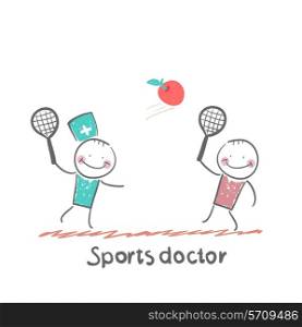 Sports doctor plays with a man in badminton apple
