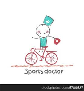Sports doctor rides a bicycle. Fun cartoon style illustration. The situation of life.