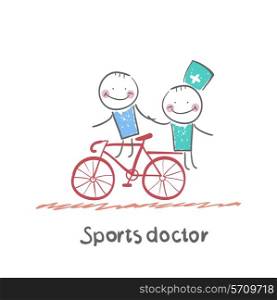 Sports doctor rides a bicycle with a patient