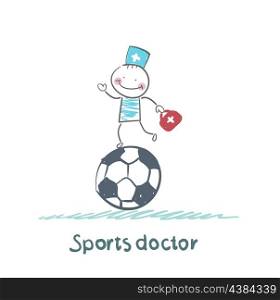 Sports doctor sits on a huge soccer ball