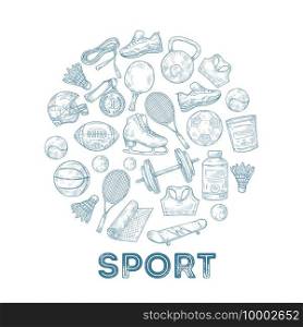 Sports equipment background. Sketch medal, basketball and rugby ball, skate and football helmet in circle composition vector concept. Illustration basketball and rugby, equipment ball and helmet. Sports equipment background. Sketch medal, basketball and rugby ball, skate and football helmet in circle composition vector concept
