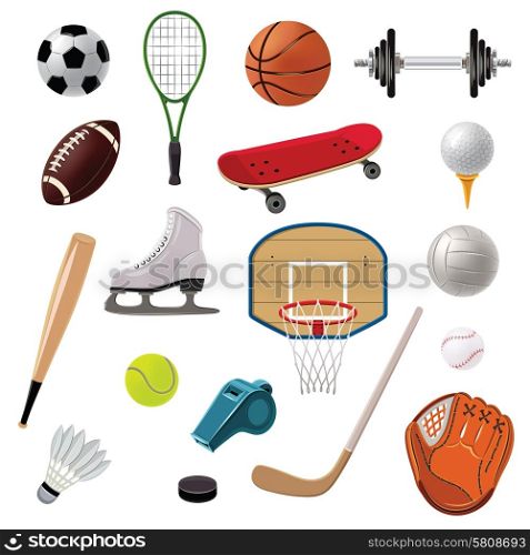 Sports equipment decorative icons set with game balls rackets and accessories isolated vector illustration. Sports Equipment Icons Set