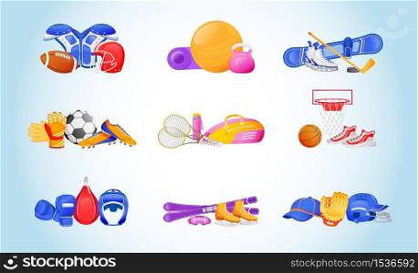 Sports equipment flat color vector objects set. Protective uniform for american football. Ball and kettlebell for fitness. Sport gear 2D isolated cartoon illustrations on gradient background. Sports equipment flat color vector objects set