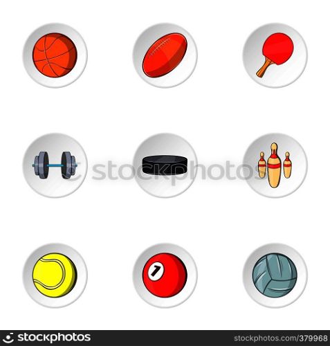 Sports equipment icons set. Cartoon illustration of 9 sports equipment vector icons for web. Sports equipment icons set, cartoon style