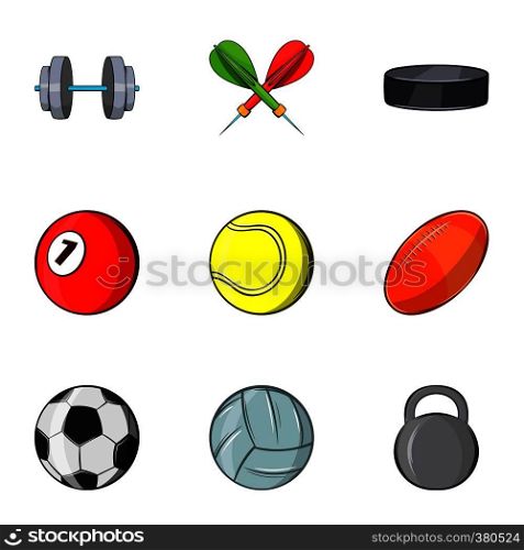 Sports equipment icons set. Cartoon illustration of 9 sports equipment vector icons for web. Sports equipment icons set, cartoon style