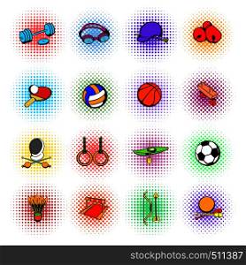 Sports equipment icons set in comics style on a white background. Sports equipment icons set, comics style