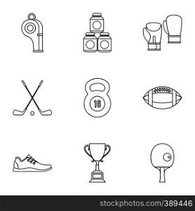 Sports equipment icons set. Outline illustration of 9 sports equipment vector icons for web. Sports equipment icons set, outline style