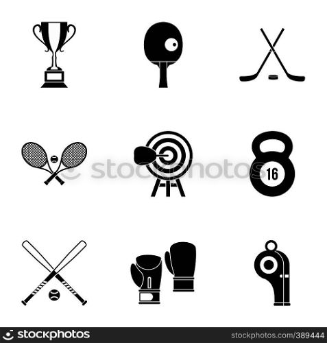 Sports equipment icons set. Simple illustration of 9 sports equipment vector icons for web. Sports equipment icons set, simple style