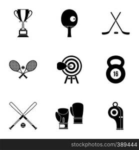 Sports equipment icons set. Simple illustration of 9 sports equipment vector icons for web. Sports equipment icons set, simple style
