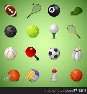 Sports equipment icons set with team games balls and rackets isolated vector illustration